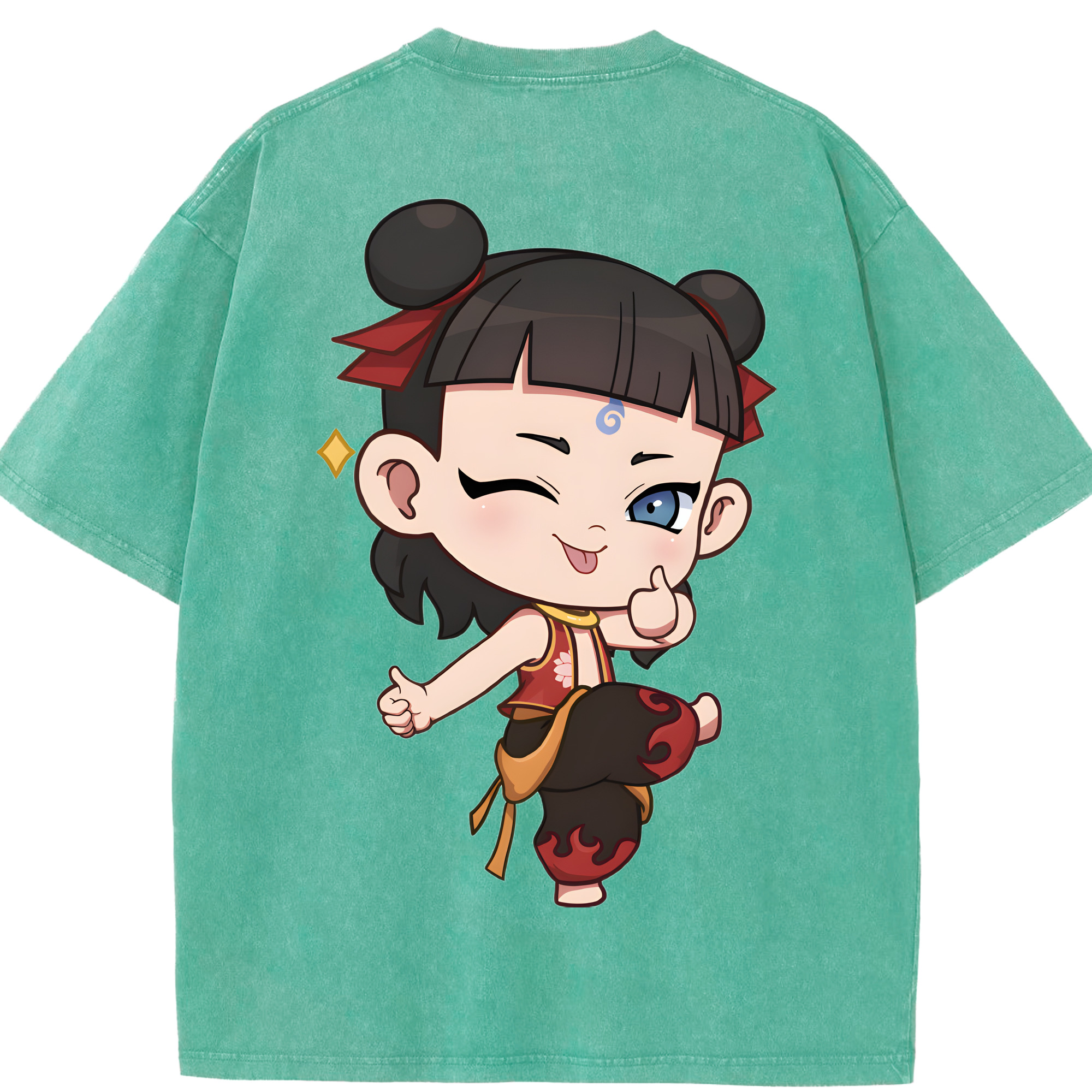 （画像用） Ne Zha 2 ナタ 魔童の大暴れ 綿100% ヴィンテージ風 半袖Tシャツ（背面プリント）